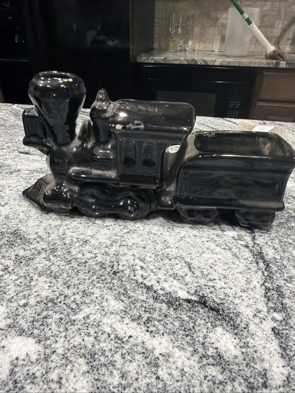 Vintage Glossy Black Ceramic Train Locomotive Planter Mid Century MCM Decor