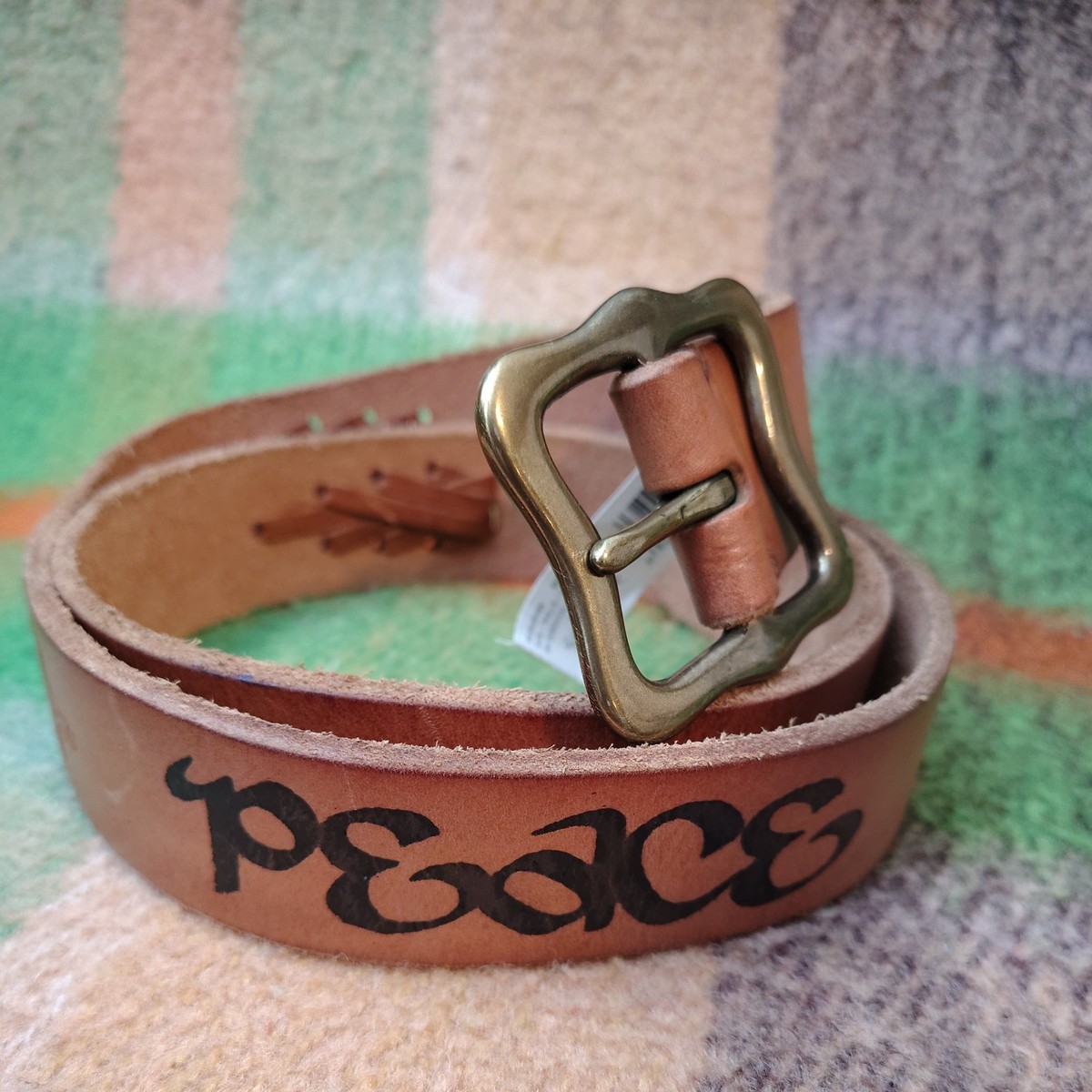 Vintage Lucky Brand Embossed Leather Belt Brass Buckle Hand 