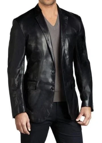 Men's Leather Blazer Genuine Lambskin Formal Classic Black Coat Jacket