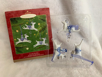 New 2001 Hallmark  Graceful Reindeer White & Blue Porcelain Set of 3 Ornament