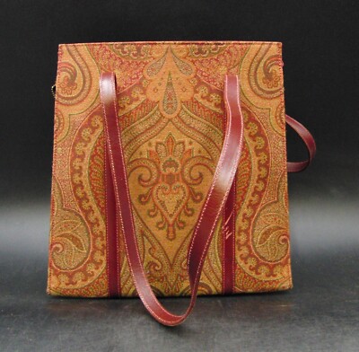 Etro Handtasche Stoff Paisley Beuteltasche Reißverschluss innen rot Leder zwei Griffe