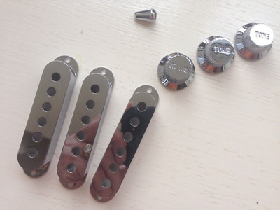 Chrom Tonabnehmer Abdeckungen 48,50,52mm Abstand + 3x Regler & Schalterspitze für Stratocaster