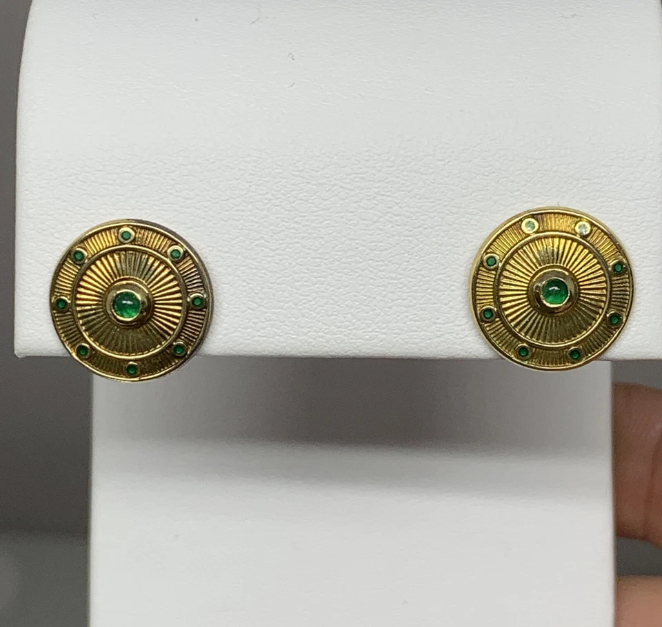 Deakin & Francis 18k Yellow Gold Emerald Cabochon Earrings D & F 750 5.8grams - Image 2 of 4