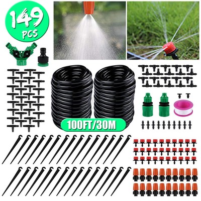 100ft Drip Irrigation System Garden Plant Self Watering Hose Micro Sprinkler Kit