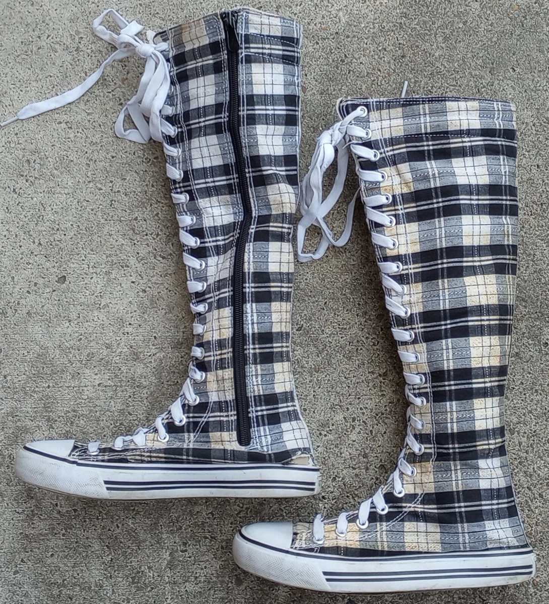 WEST BLVD Womens Plaid converse style Canvas Zippered Sneakers Boots Size 6.5