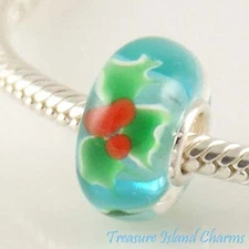Christmas Holly Berry Leaf Murano Glass 925 Sterling Silver European Bead Charm