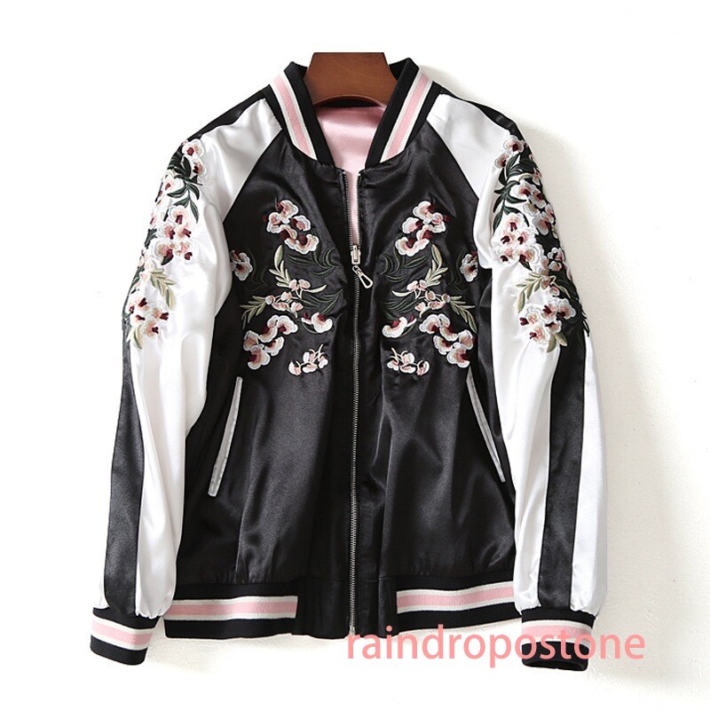 Japanese Women Embroidery Baseball Jacket Reversible Sukajan Satin