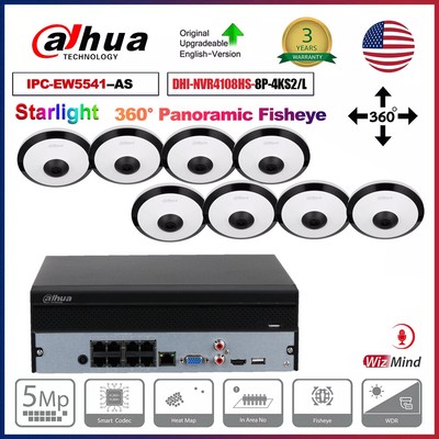Dahua 8CH 8POE NVR 5MP 360° IP Camera Panoramic Fisheye Starlight Mic Alarm Lot
