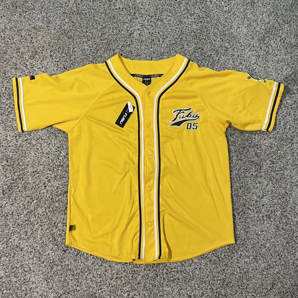 复古 FUBU League 05 棒球球衣青少年 XL (20) 蓝色黄色纽扣扣扣 — 第 4/4 张图片