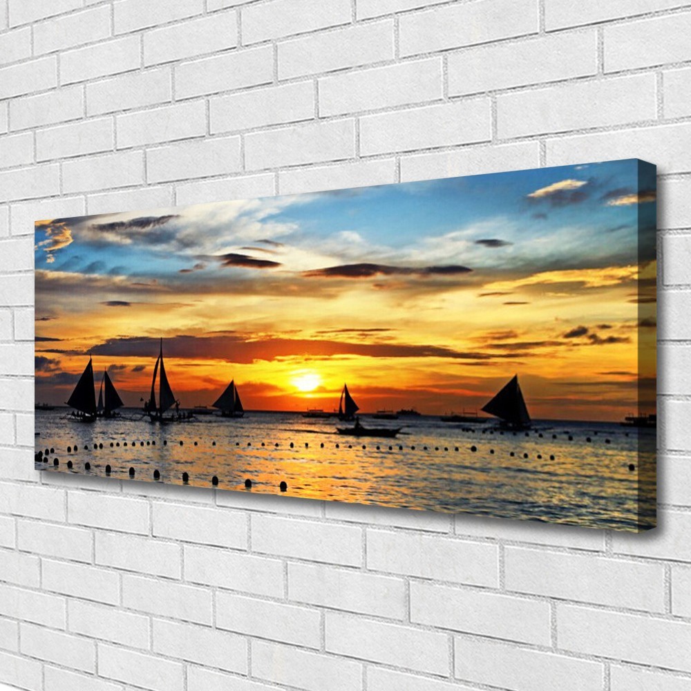 Tableau paysage bateaux sur mer au soleil impression sur toile 125x50 cm en 5 parties