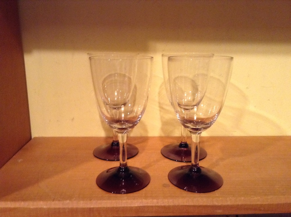 4 nice vintage 4 oz amethyst stem wine glasses