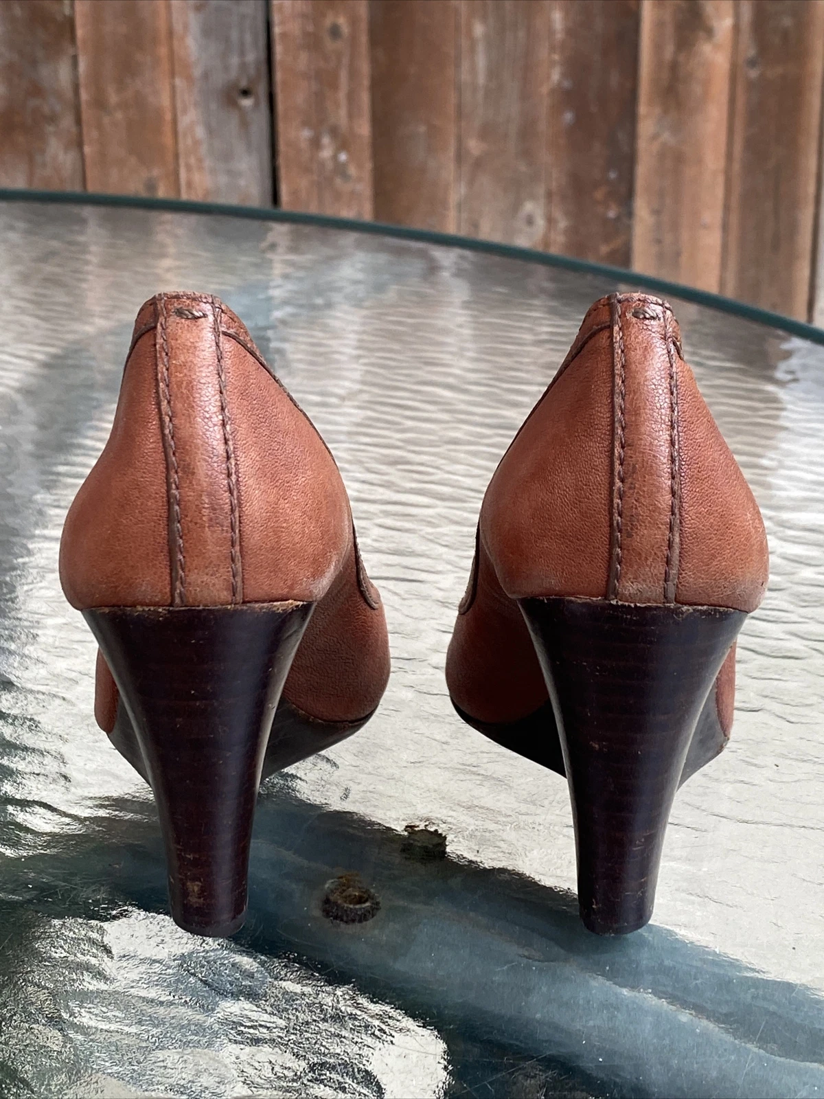 Scarpe tacco a zeppa Tory Burch Selma punta aperta 5 M marroni in pelle