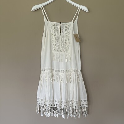 American Eagle Cottagecore Boho Dress Women XXS Strappy Tiered Fringe Off White