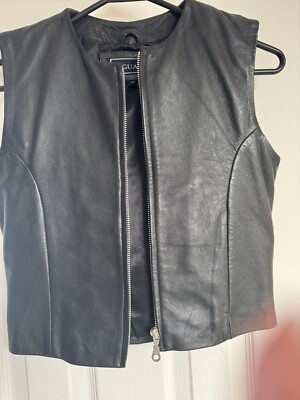 Vtg SAUGUARO Black Leather Zip Front Vest Size 14 Girls Made In India