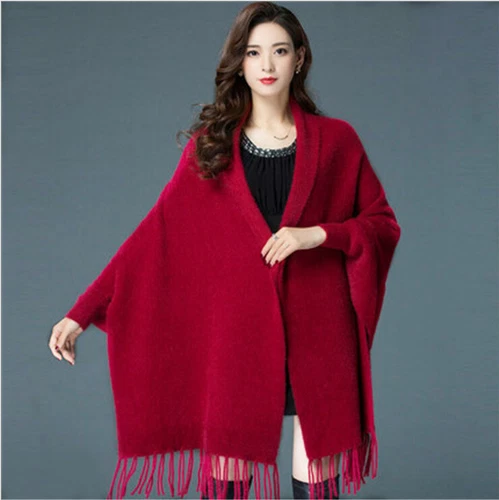 Womens Cape Poncho Outwear Warm Elegant Faux Fur Tassel Sleeves Shawl Cloak Coat - Bild 14 von 32