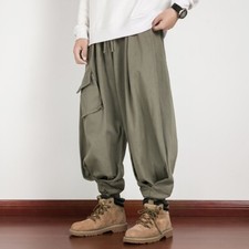 Men Baggy Cargo Pants Hip Hop Drop Crotch Elastic Waist Trouser Casual Loose