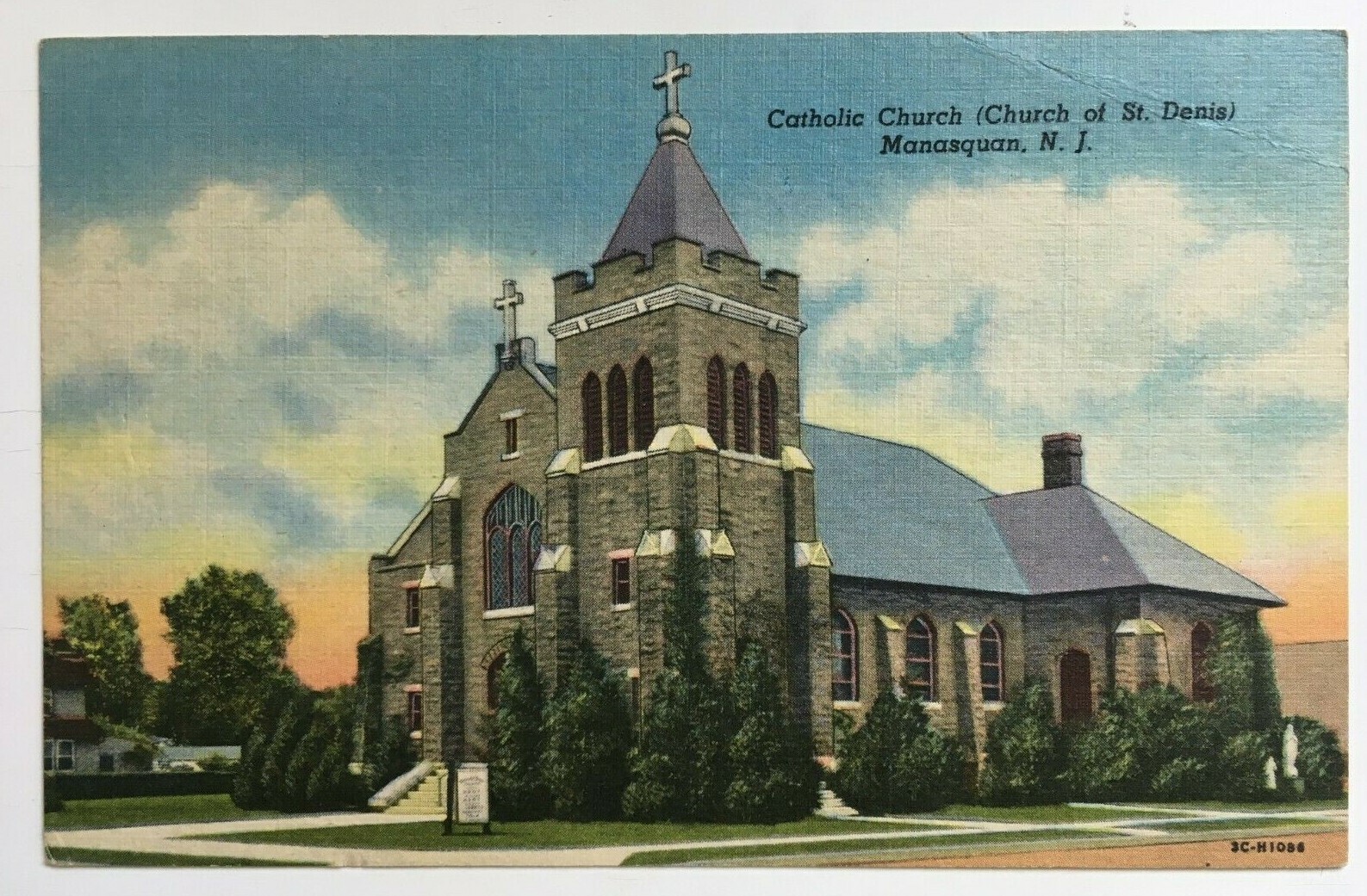 NJ Postcard Manasquan Catholic Church of St. Denis vintage linen 1950s