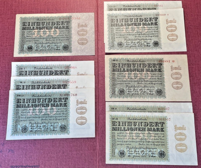 8 Stück 100 Million Mark 1923 Ro 106 DEU 119a und 120 1Erhaltung I bis ...