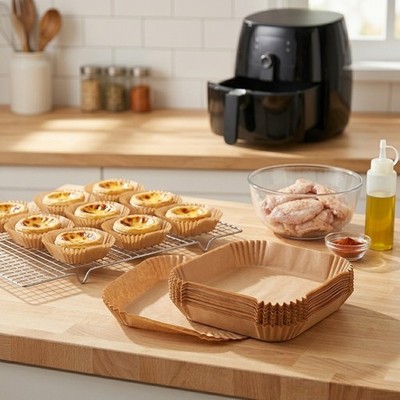 100Pcs Square Non-Stick Air Fryer Liners Disposable Brown Baking Paper