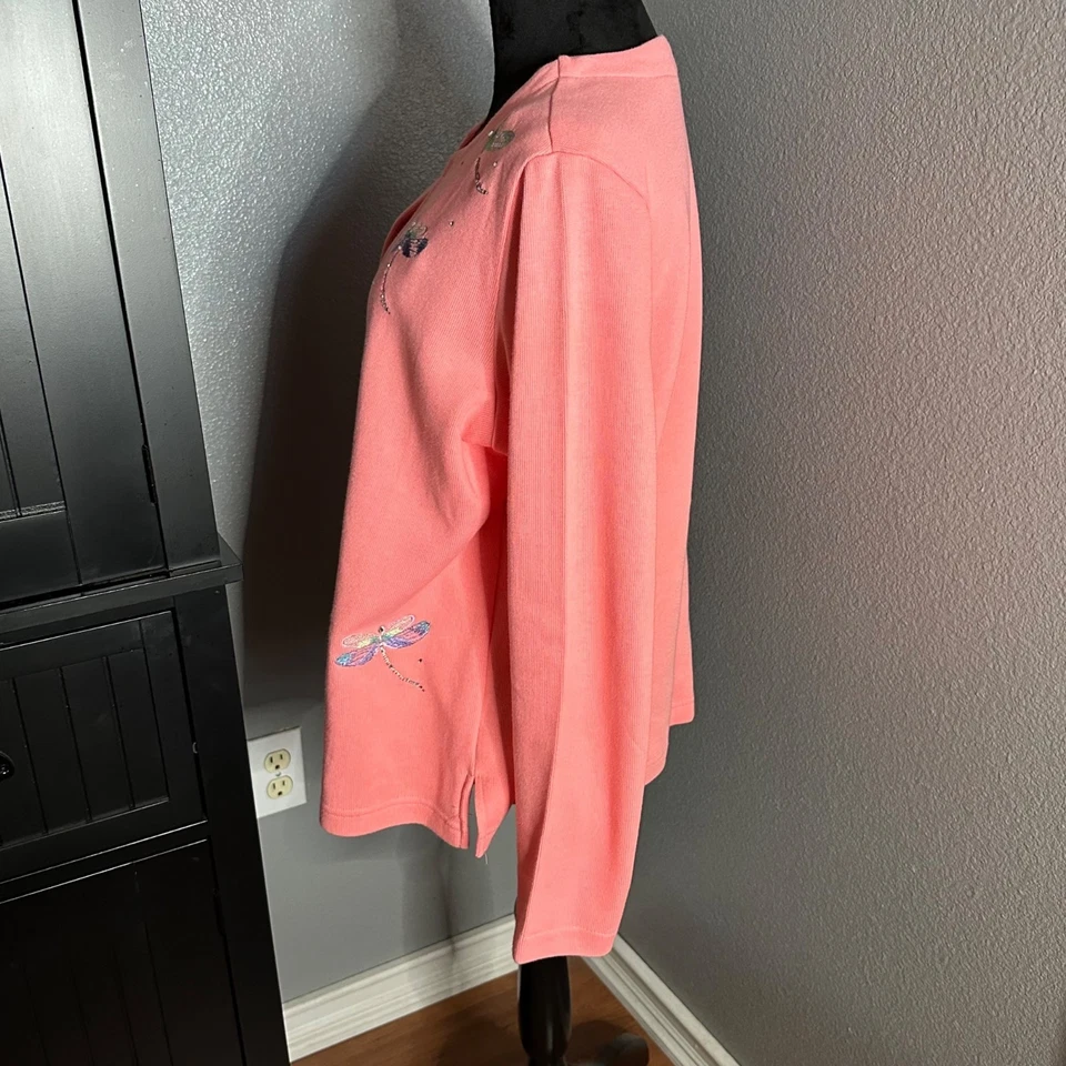 Quacker Factory Sweater Top Large Dragonfly Embellished Coral Pink 2-in-1 - Image 4 of 4