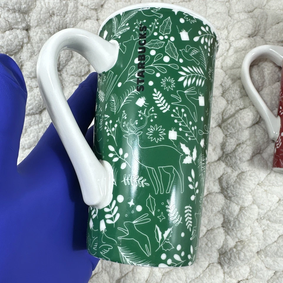 Par de tazas de café Starbucks 2019 tazas de té altas rojas y verdes patrón navideño Foto 3 de 4