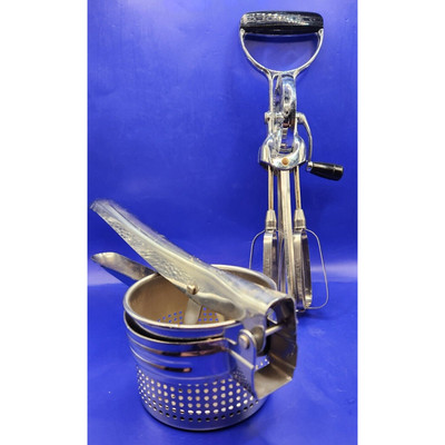 2 Vintage Kitchen Gadgets - Potato Ricer and Hand Mixer by Oekcoo