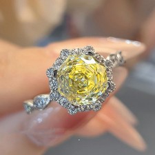 New Octagon Rose Cut Yellow Citrine Gems Charm Shiny Women Girls Silver Ring