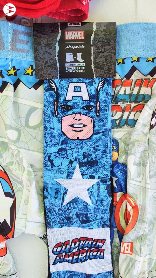 CUECA BOXER AEROPOSTLE MARVEL CAPT AMERICA TAMANHO M COM MEIAS E SRIRACHA TAMANHO G - Imagem 2 de 4