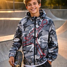 Jordan Camo Boys L 12-13yrs Windbreaker Zip Hoodie Jacket Gray Red Jumpman Logo