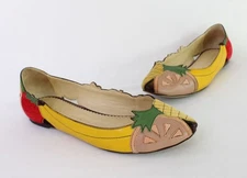 Charlotte Olympia Yellow Green Multi Leather Fruit Ballet Flat Shoe 37 1/2 7.5