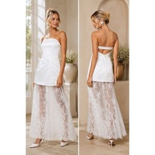 Lulus Winslet Maxi Dress White Satin Sheer Hem Strapless Size XS NWT