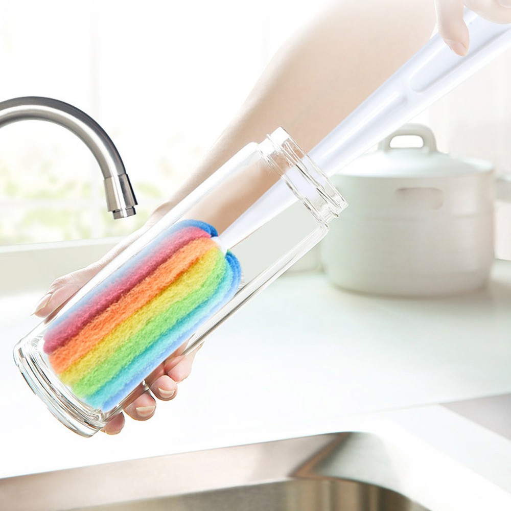 3PCS Reusable Long Handle Cleaning Brush Sponge Bottle Scrubbers Glasses Washing