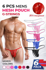 Men’s 6 Pack Sheer Mesh Pouch G-String Thongs, See-Through, Mixed Colours