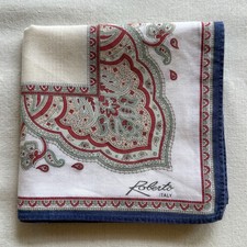 VTG Beige Cotton Handkerchief Border Red Bule Damask Pattern Pocket Square 18"