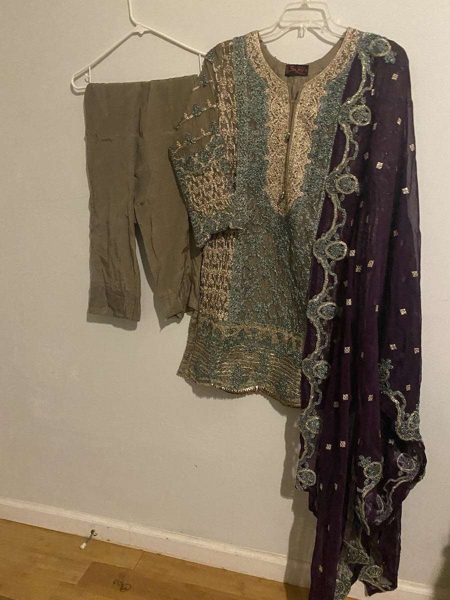 Sajni Fashion Pakistani Beige Blue Purple Salwar Kameez Women's Net
