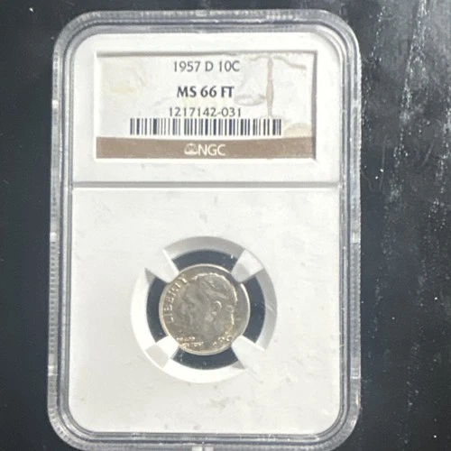 1957 D Roosevelt Dime NGC MS 66 FT Silver Gold Toning  KM#195
