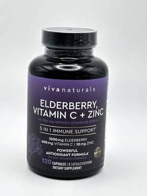 Viva Naturals Sambucus Elderberry with Vitamin C, Zinc, D3 5000 IU 120Capsules
