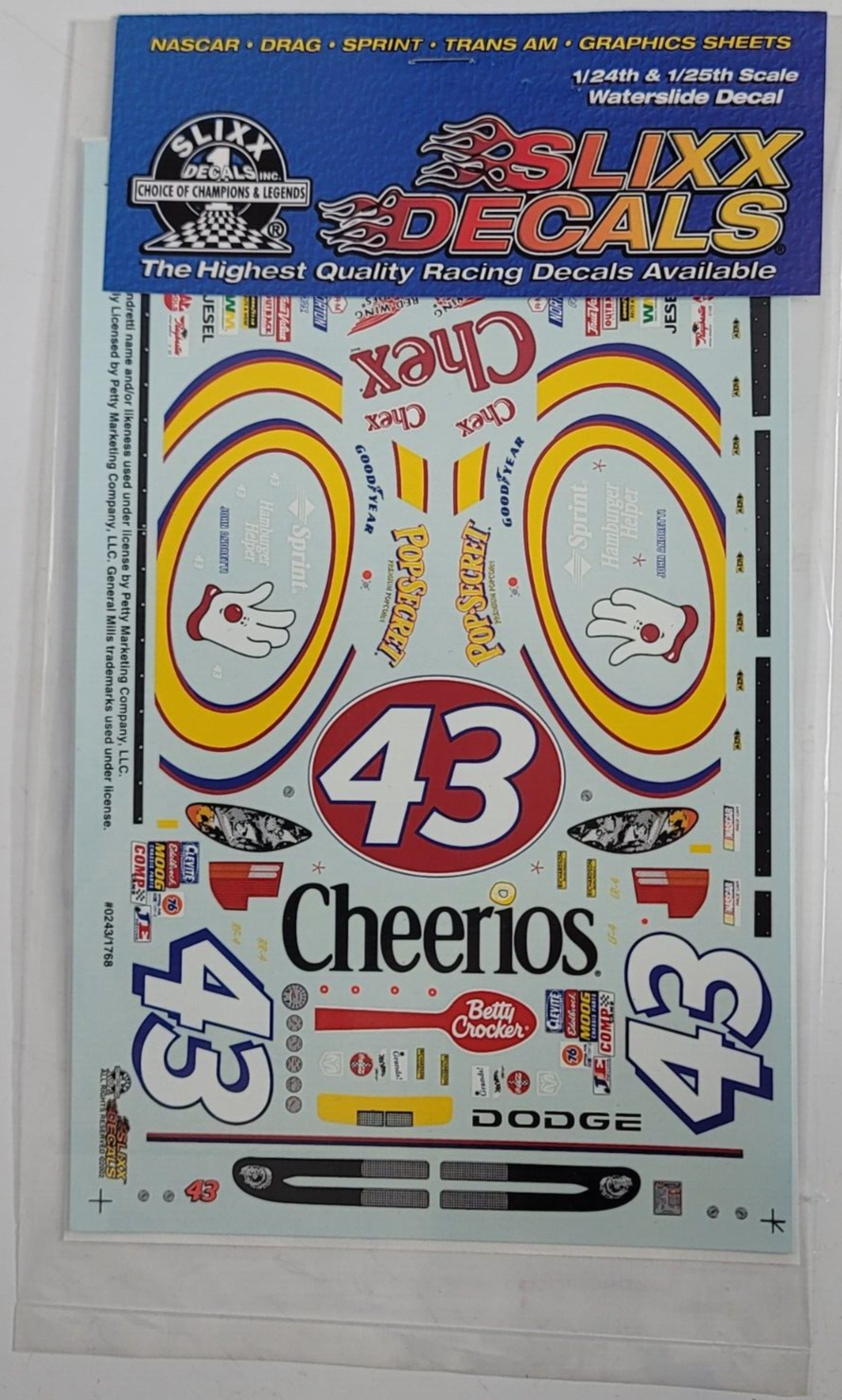 Slixx Decals #43 Cheerios NASCAR Dodge 1/24 1/25 Scale for Revell Models