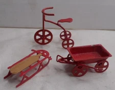 1 LOT Vintage Miniature Dollhouse Winter Skier Sled, Pull Wagon, kids trike Red