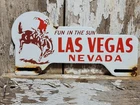 VINTAGE LAS VEGAS PORCELAIN SIGN RODEO NEVADA CASINO AUTOMOBILE PLATE TAG TOPPER