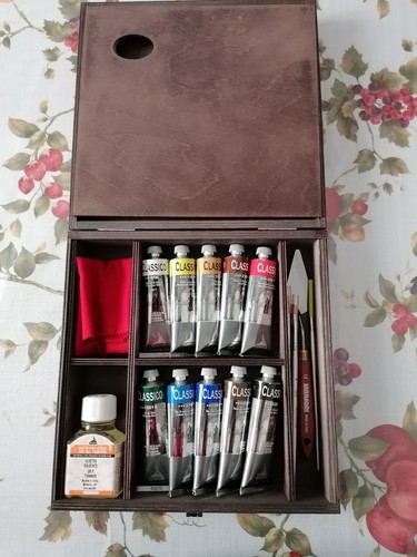 Colori a olio Maimeri valigetta in legno 10 tubetti 60ml pennelli tavolozza set - Foto 2 di 6