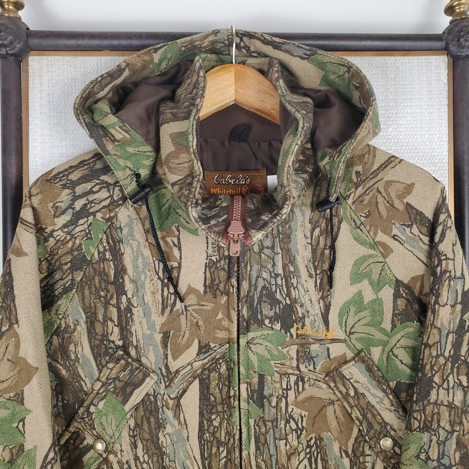 VTG CABELAS WHITETAIL 100% Wool Hooded Field Jacket Lined Mens Sz Medium Camo - Image 2 of 4