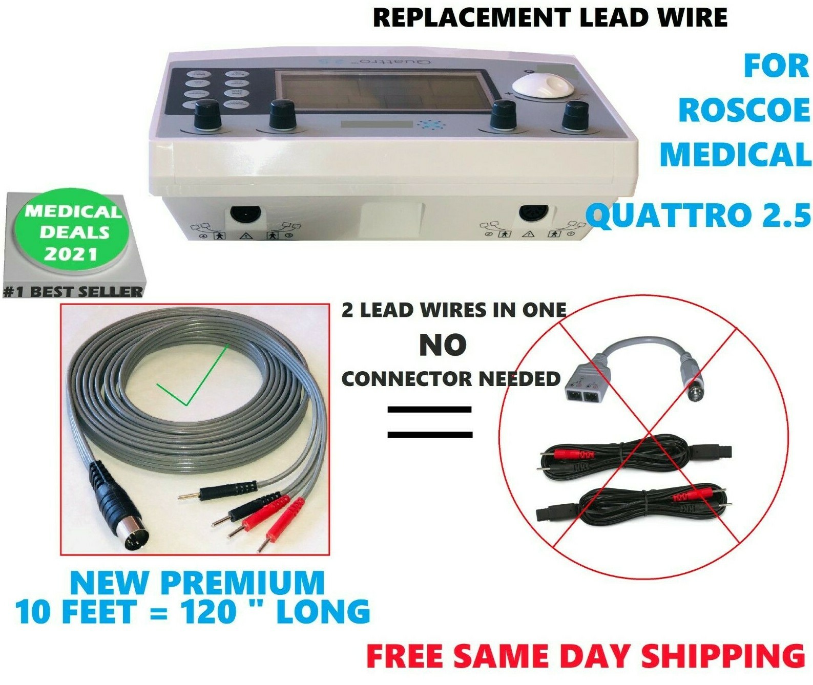 NEW 2024, Electrode Lead Wire 120" for ROSCOE MEDICAL, QUATTRO 2.5, Muscle Stim