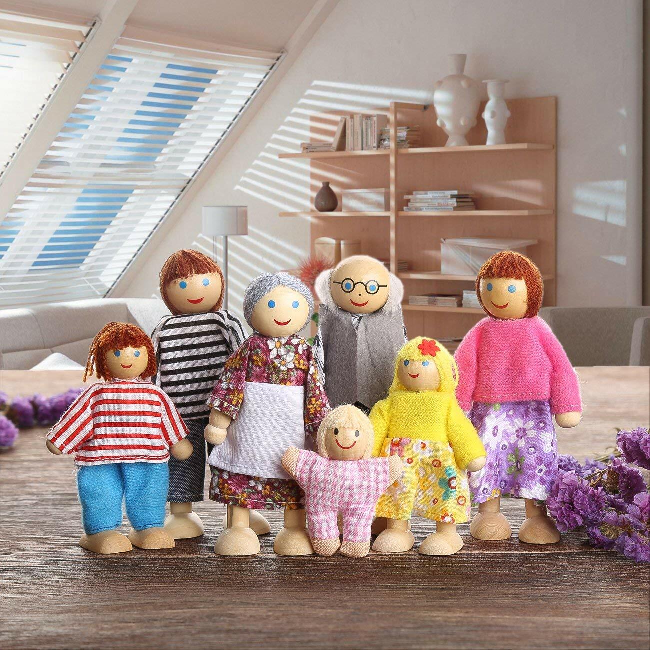 Family Of 7 Poseable Puppet Toy Dollhouse People Wooden Doll