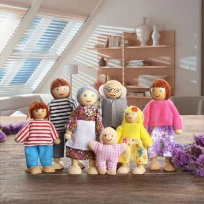 KEEPGO-FTY 7PC Dollhouse Miniatures Whole Family Dolls Poseable Wooden Figurines Accessory