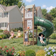 Metal Swing Set Kids Outdoor Backyard Playground Ages 3-10 Seesaw Climbing Hoop