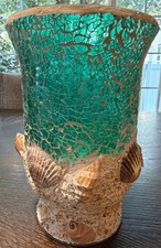 Teal Mosaic Crackle Glass Seashell Hurricane Vase Coastal Beach Decor Accent