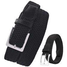 Elastic Braided S Waist Adjustable:37"-41" 47" Length Blackc Silvery Buckle