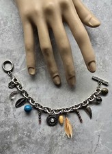 AMERICAN EAGLE DANGLE CHARM BRACELET GLASS BEADS RHINESTONES FEATHER STONE +