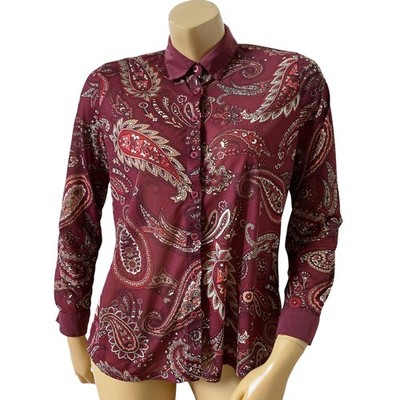 Absolutely Famous Womens Small Paisley Sheer Button Up Collared Top